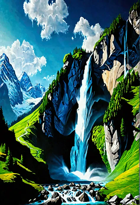 super huge mountain alps great view great nature fantasy huge waterfall high resolution best quality masterpiece