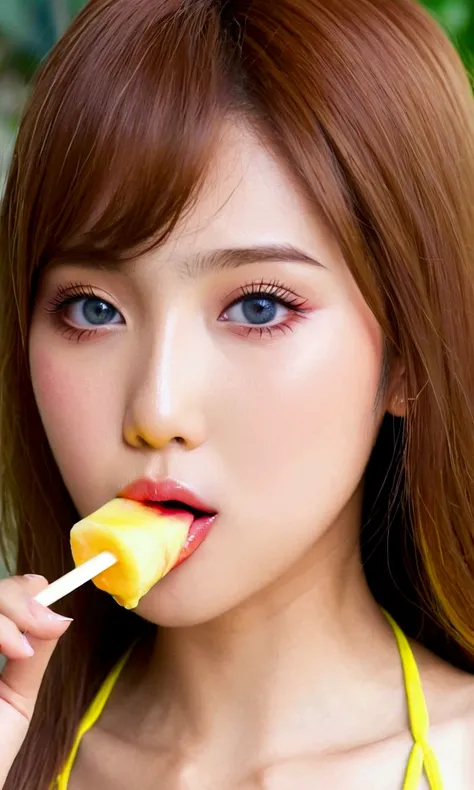 cute yuna (age 25, colorful bikini, mayching brightly colored contact lenses), seductively eating a popsicle (licking, sucking, pushing it in and out of her mouth), public poll, she is not shy
