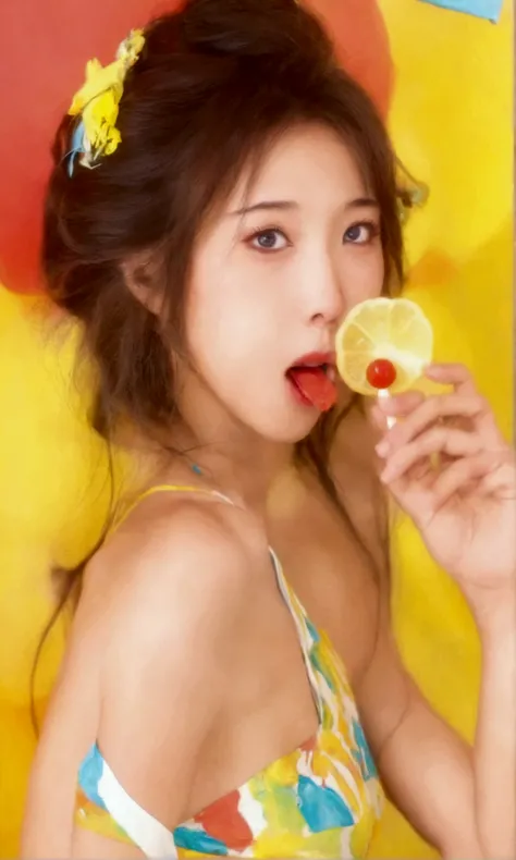 cute yuna (age 25, colorful bikini, mayching brightly colored contact lenses), seductively eating a popsicle (licking, sucking, pushing it in and out of her mouth), public poll, she is not shy
