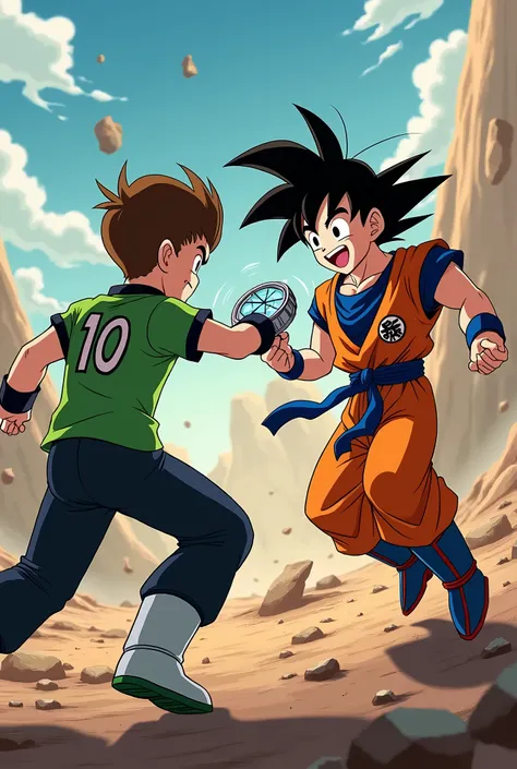 Fight between Ben 10 against Goku were Goku trying to hit Ben 10 and Ben 10 trying to Defend himself in gokus attack and Background is full of Destruction and Both of them Goku and Ben 10 are smiling and Ben 10 have his omnitrix on his right Wrist and Ben ...