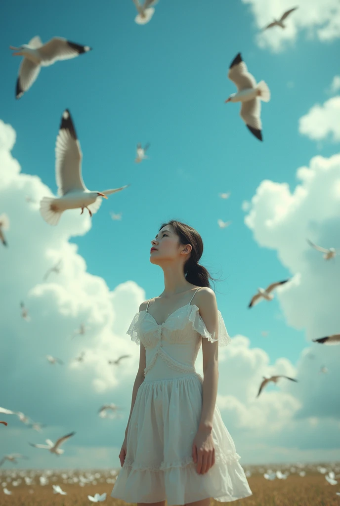 masterpiece, best quality, 1girl, bird, seagull, sky, cloud, polka_dot, blue_sky, solo, cloudy_sky, bug, butterfly, day, blush, flock, outdoors, Abigail,core_9, score_8_up, score_7_up, core_9, score_8_up, score_7_up, dramatic lighting, highly detailed, hig...