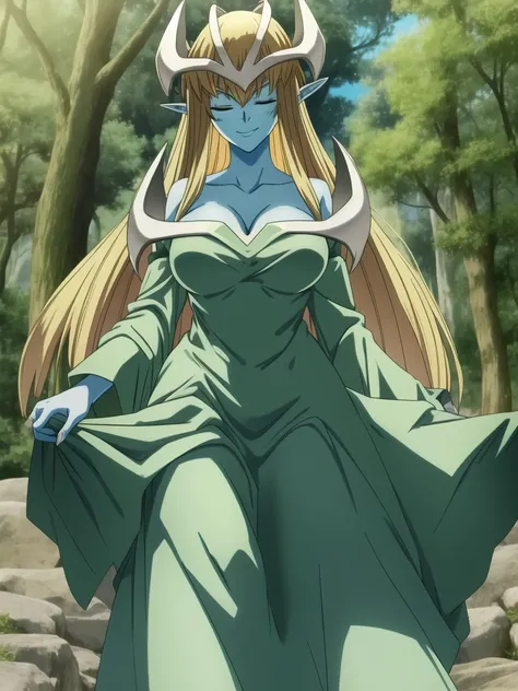 mysticalygo, mystical elf, smile, friendly look, medium breasts, eyes closed, green dress, large long skirt, large long sleeves, blue skin, blonde hair, long hair, Yugioh, loose sleeves, no hands, forest , sexy pose