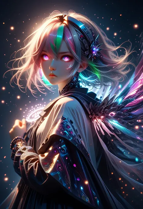 masterpiece, лучшее quality, High_quality, High_permission, masterpiece*wore, whitespace, Colorful, 1 girl, One, white_hair, prism hair, [pink|green] eyes, gradient eyes, multicolored eyes, luminous eyes, luminous, Shine, luminous white particles, wind lif...