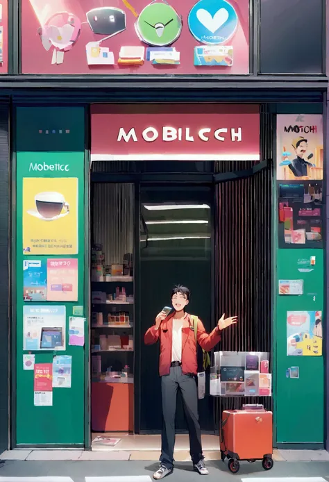 A man looking on a road and saw a mobile repairing store (MOBITECH)is a mobiles service centre which is full of customers and joy