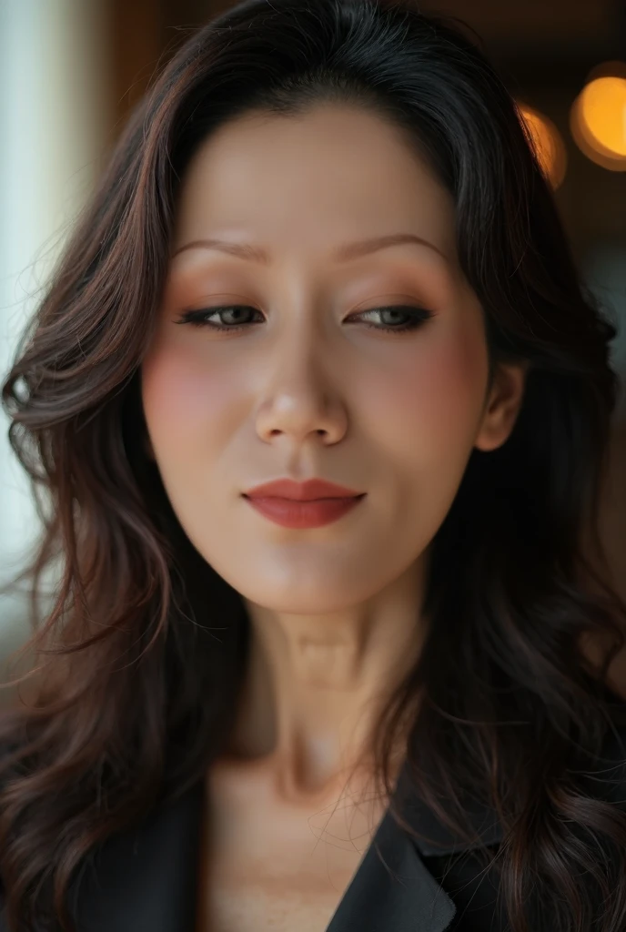 A Japanese older mature woman, long glossy brunette hair, very white skin, slim at 7, detailed depiction of wrinkles and sagging skin on her face appropriate for her age, exceptionally beautiful, close-up of her face, moaning face that captivates men, beau...