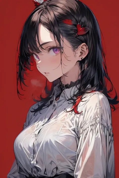 ((bes((best quality)), ((masterpiece)), (detailed), 1women, female, adult female , bloody background, red background , normal hand texture, solo, detailed face texture, t quality)), solo , wearing a white button-up shirt , black pants, full body, dark blue...