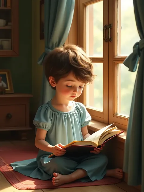 a young boy with light blue dress sitting next to a wooden window reading a book