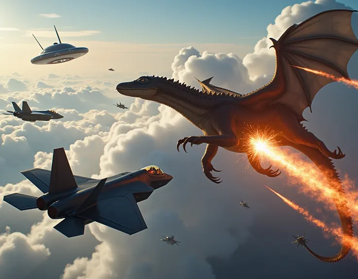 Multiple aircraft, F35 Fighter Jet, Flying missile, Fire-breathing dragon, UFO shooting laser beams, Air Combat, intense, dynamic, Acrobatics, Something that can&#39;t happen