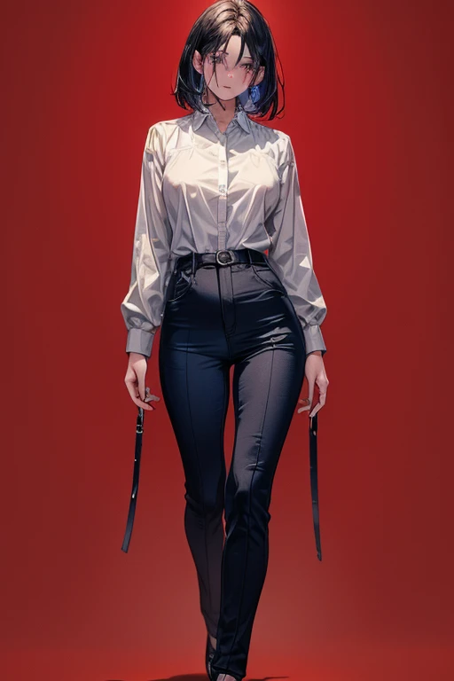 ((bes((best quality)), ((masterpiece)), (detailed), 1women, female, adult female , bloody background, red background , normal hand texture, solo, detailed face texture, t quality)), solo , wearing a white button-up shirt , black pants, full body, dark blue...