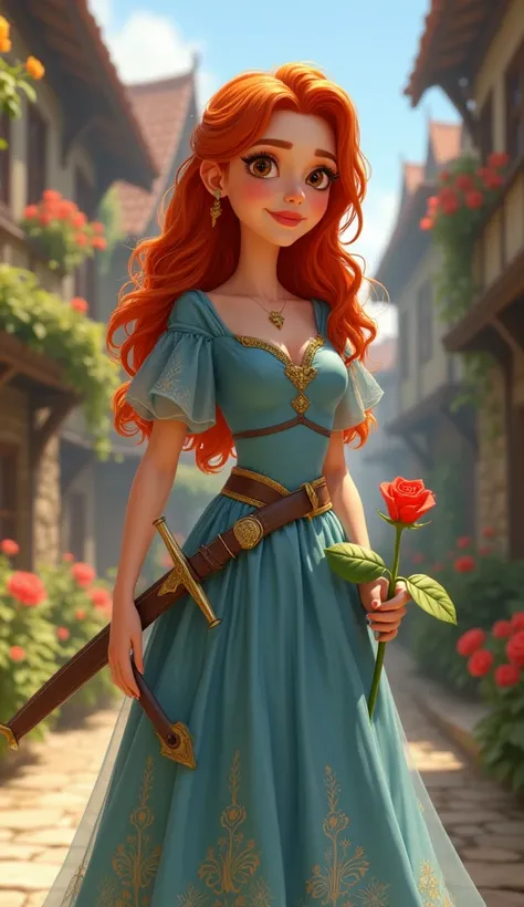 Pixar style, Woman 30 years old red-haired, lush, voluminous breasts. Dressed in a beautiful, soft blue dress with gold patterns. Standing on the street of a medieval city, There are many flowers growing around. woman warrior, there is a sword hanging on h...