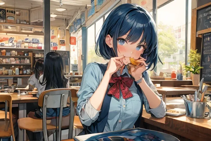 (((beautiful detailed)))(cute face:1.2)1girl, A girl stuffing her face with french fries, Girl crying while eating a pile of french fries, Inside a 1950s-style diner, 1950s-style interior, Navy blue hair, blue eyes, A short-sleeved white shirt with four ve...