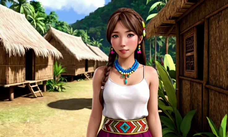 cute yuna (age 25, dressed appropriate to the scene) is a world traveler, she is visiting a tribe of south American natives in tropical climate. She is participating in womanly village life
