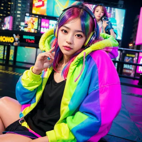 (in 8K、RAW Photos、top-quality、​masterpiece:1.2)、(realistic、Photorealsitic:1.37)、ultra-detailed、超A high resolution、1girl、solo、rainbow hair、parka、espadrilles、straight haired、headphones、Long、full bodyesbian、natta、neons、Times square、cyberpunked