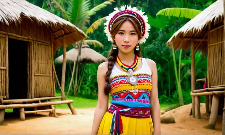 cute yuna (age 25, dressed appropriate to the scene) is a world traveler, she is visiting a tribe of south American natives in tropical climate. She is participating in womanly village life
