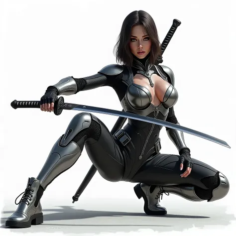 ninja girl in a tight armor suit and holding a sword katana, a realism image of a European woman with perfect body, alluring eyes, small breasts, perfect body proportions, slender body, perfect small buttocks, thin waist, the beauty of perfect legs, sexy p...