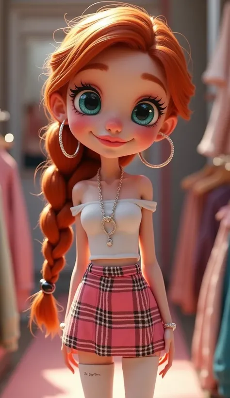 Disney style, 1 girl,  girl, Braids, Cute face, Fabulous, Cute, cute, cute face, pale skin, freckles, red hair, Blue eyes, full shiny lips, big lips, thick lips, Parted lips, light pink lip gloss, mascara, skinny thighs,  body, , skinny, lush breasts, ((sk...