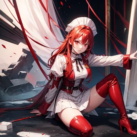 Redhead　Maid uniform　Sickly paleness　Red Eye　Knee-high boots　Fighting pose