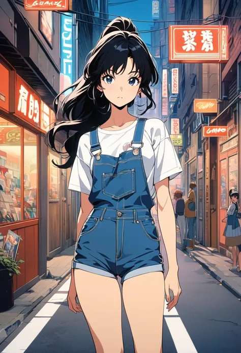 pho3b3cat3s photos, Beautiful woman, ((2)), street, T-Shirts, Denim overalls, 1980s, Retro long wavy black hair ponytail, (masterpiece), (Highly detailed CG Unity 8k wallpaper), Complex, ((Anime Style)),