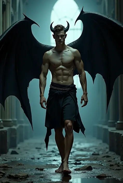 Photo-realistic, best quality, masterpiece, detailed, perfect face, the devil, masculine portrait of the devil, personification of The Devil, evil look, super pale skin, (massive huge majestic black demon wings:1.3), super male model, handsome, tall, cute ...