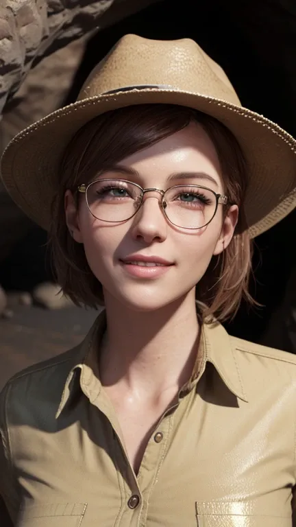 portrait, close-up, upper body. Short, red hair, Green eyes, glasses with metal frames, cowboy hat, beige button down shirt, joyful smile, cheerful girl . (masterpiece, top quality, best quality, official art, beautiful and aesthetically pleasing:1.2), ext...