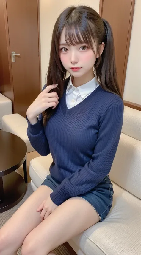 Very beautiful girl、Very beautiful elegant face, Deep Valley), (She crosses her legs to show off her bare legs、彼女は非常にLarge Breastsを持っています、、Ribbed high neck sweater, Denim how off your thighs to your ankles:1.3), (Large Breasts.), Her hair is in a bun, (Bea...