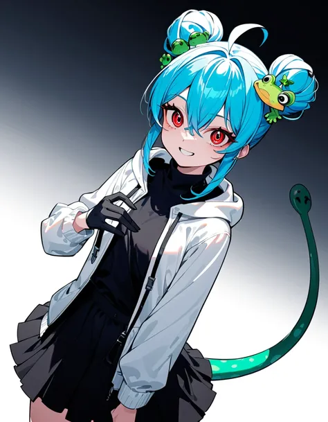 detailed,ultra-detailed,masterpiece,newest,absurdres,safe,best quality,(dramatic angle:1.3),(dynamic angle:1.3), Cinematic Lighting,Illustration,Volumetric Lighting,, 1girl, static pose, blue hair, double bun, monster girl, ahoge, white background, open mo...