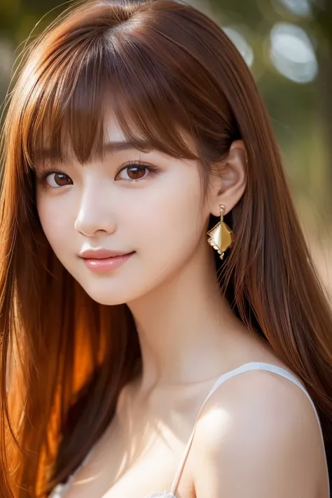 1 girl, Very bright backlight, Alone, {Beautiful and exquisite}, Autumn Morning, Large Breasts, Calm expression, Natural and soft light, Delicate facial features, Blunt bangs, Beautiful Korean Girl, smile in the eyes, Very small earrings, 20 years old, ((M...