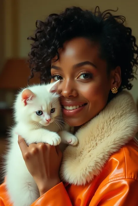 A close-up shot of a woman with caramel-toned skin and short, curly black hair, wearing a vibrant PVC coat with a fur collar. Her eyes are bright and full of life, a small smile playing on her lips. In her hands, she holds a white kitten with fluffy fur, i...