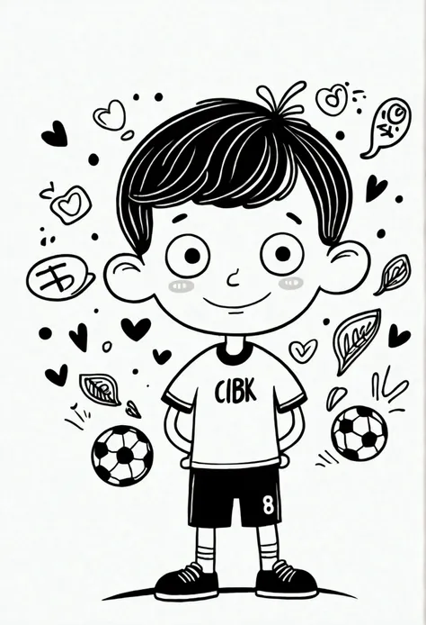 Gemma Correll style。Childish graffiti with markers. The pen Outlines the outline. Stick figure, cartoon cute football boy. Football. A look of surprise. Cartoon illustration.