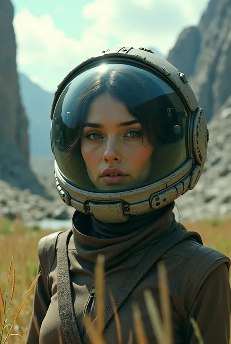 award-winning close-up of a woman (Science-Fiction-Entdecker:1.3) wears a helmet with hexagonal glass visor, [Style-Psycho::10], next to a (crashed vehicle:1.2), (Smoke:1.4), View of a green alien planet, (Mountains:1.2) (long grass:1.2), rock, very detail...