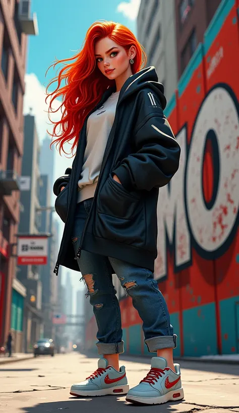 Disney style, Capture a beautiful redhead stylish girl in a fashionable outfit, complete with fashionable sneakers, plus size hoodie, and sharp accessories. She poses confidently in front of a modern, Urban construction. Behind her, there is a big one, bri...