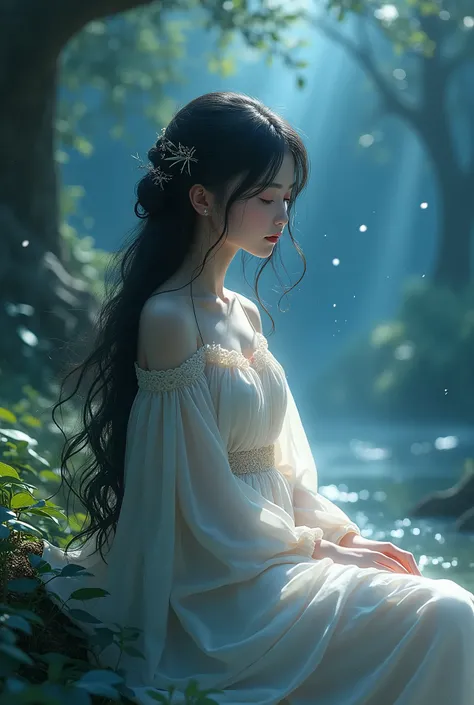 (masterpieceThe best quality), One girl(Athena_Asamiyah Palace), Cute Dresses, Long black hair, Sitting, Beautiful outdoor background, night, forest，Highly detailed surreal VFX，OC Rendering