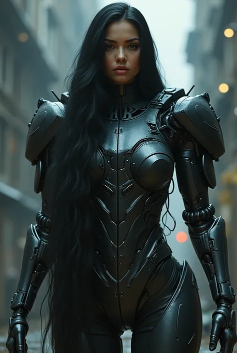 1girl, beautiful woman, huge robot armor, extremely detailed black hair, extremely realistic, extremely detailed, cinematic lighting, dramatic pose, photorealistic, intricate details, ultra-detailed, 8k, best quality, masterpiece, hyper realistic, chiarosc...