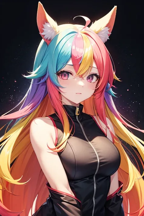 Horse Girl、Horse ears on head、Rainbow hair colour、Gradient hair color、Long Hair、Red right eye、Yellow left eye、whole body、Muscular、