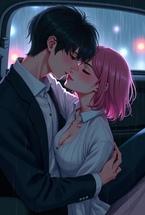 Masterpiece, best quality, Super detailed, beautiful detailed eyes, Close-up, with a boy and a girl. It was pink hair, white pleated shirt, torn button on the chest, Rock. The boy has black hair, black suit, black pants. Boy and girl kissing in the car, He...