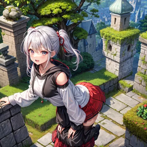 Rainbow red and silver hair、Rainbow Eyes、Wavy Hair、Hair tied up、Two cute、Checked mini skirt、Black T-shirt、Long sleeve、Wearing a hood、Black knee-high socks、Teeth are visible、Monster Castle、Tilting face、lawn、In front of the city gates、The stone is cracked、Un...