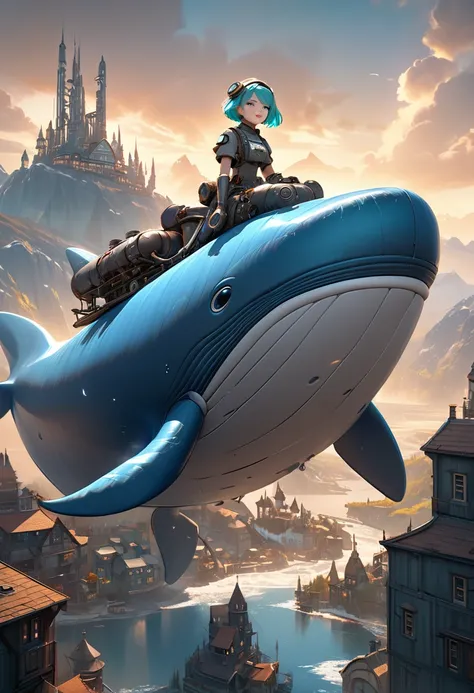 A girl riding a giant flying mechanical whale in a dieselpunk world, with beautiful detailed eyes, detailed lips, and long eyelashes. The girl is an android with a cute dieselpunk-style appearance, with aqua fluffy short hair and a metallic android body wi...