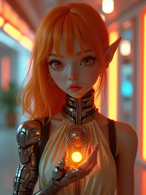 Selfie style, cyber-realism, (face european ethnicity ),  ((Elf-girl with left robo-hand hold polly bee toy)), (orange hairs, silk clothes and  amulet with cybernetick round object), (in modern future room), (warm neon light)