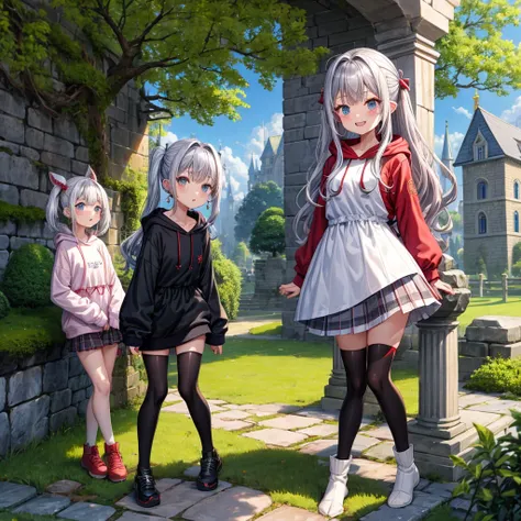 Rainbow red and silver hair、Rainbow Eyes、Wavy Hair、Hair tied up、Two cute、Checked mini skirt、Black T-shirt、Long sleeve、Wearing a hood、Black knee-high socks、Teeth are visible、Monster Castle、Tilting face、lawn、In front of the city gates、The stone is cracked、Un...