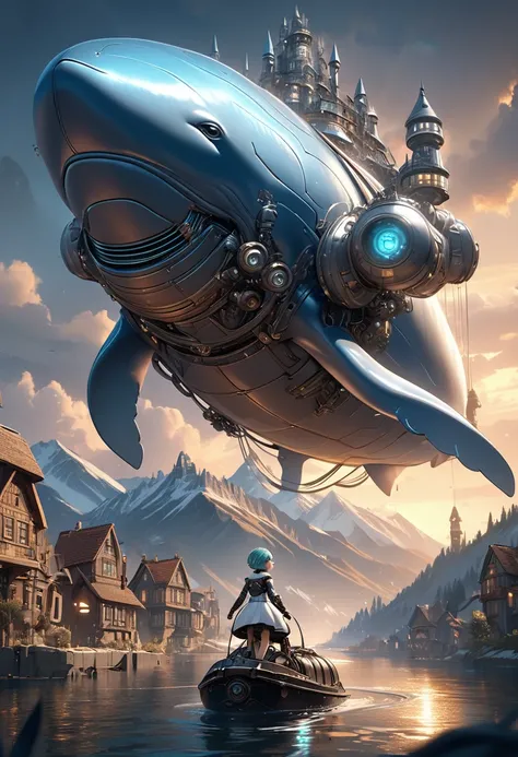 A girl riding a giant flying mechanical whale in a dieselpunk world, with beautiful detailed eyes, detailed lips, and long eyelashes. The girl is an android with a cute dieselpunk-style appearance, with aqua fluffy short hair and a metallic android body wi...