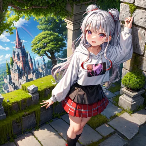 Rainbow red and silver hair、Rainbow Eyes、Wavy Hair、Hair tied up、Two cute、Checked mini skirt、Black T-shirt、Long sleeve、Wearing a hood、Black knee-high socks、Teeth are visible、Monster Castle、Tilting face、lawn、In front of the city gates、The stone is cracked、Un...