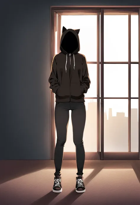 a figure wearing a dark hoodie with cat ears on top, standing in front of a window with sunlight filtering through. the face is ...