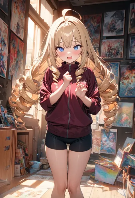 woman,, looking at viewer, Long Hair, Ahoge, blonde, Drill Hair, blue eyes, Slanted Eyes, Panic face, Maroon sportswear, Long-term, Standing, Wave one hand、Panic pose, Upper Body、A room filled with anime posters, Speedy Shot, Masterpiece, Best Quality, det...