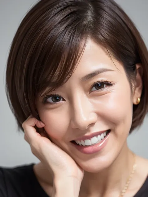 ((40 years old)),((Laughing)),((extreme close-up)),((Best Quality)), Realistic, Very detailed, In detail, ((High resolution)), 8k,Japanese elderly woman,40-year-old woman,sexy,Beautiful Skin,Beautiful Eyes,Detailed face,((Short Hair)),Brunette colored hair...