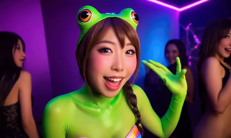 a cute yuna, 2, wearing a sexy frog costume, laughing and seductive at a lesbian costume party, Halloween lesbian love, photorealistic, 8k, masterpiece, beautiful detailed eyes, beautiful detailed lips, extremely detailed face and expression, long eyelashe...