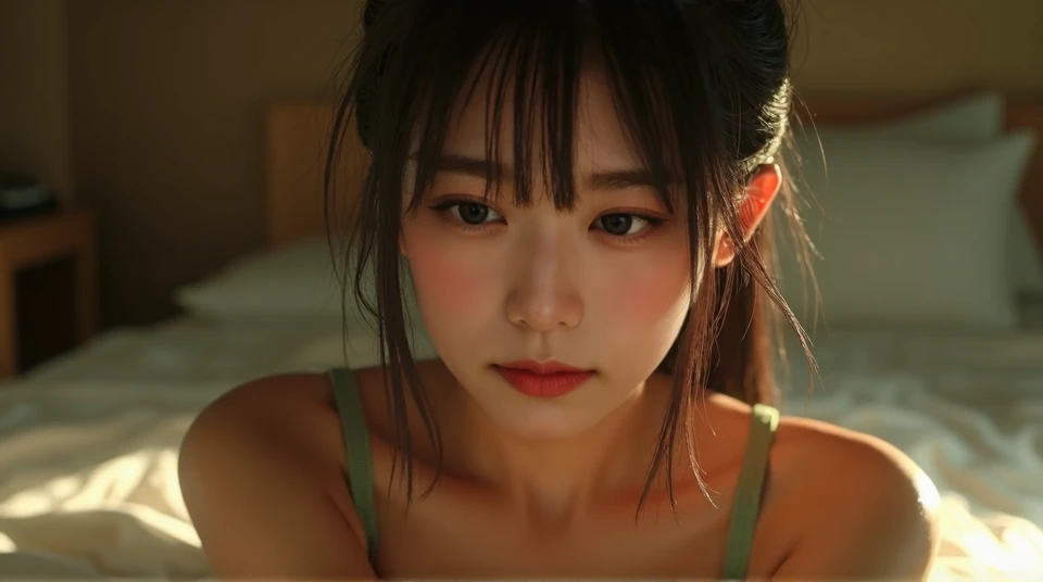 (highest quality,masterpiece:1.3,ultra high resolution),(Super detailed,caustics,8k),(photorealistic:1.4,RAW shooting),1 japanese girl,(look to viewer),(front shot:1.1),(face forward),(green lace bra),(small breasts:1.6),ponytail,straight hair,(close up),(...