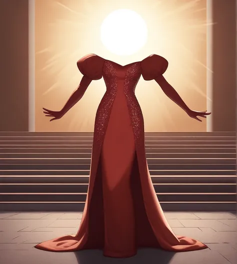 Create an image of a glamorous, headless figure wearing a sparkling, floor-length red gown. The dress has a tight-fitting silhouette with off-the-shoulder puffy sleeves, and the fabric shimmers with sequins. The figures arms are outstretched, wearing match...