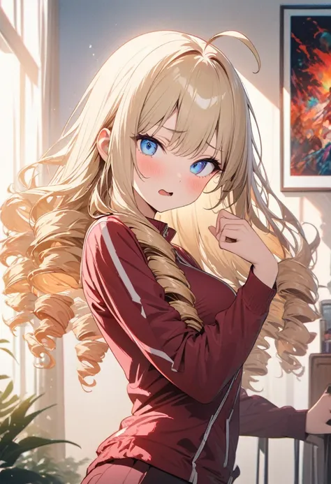 woman,, looking at viewer, Long Hair, Ahoge, blonde, Drill Hair, blue eyes, Slanted Eyes, Panic face, Maroon zippered sportswear, Long-term, Standing, Wave one hand、Panic pose, Upper Body、A room filled with Japanese anime posters, Speedy Shot, Masterpiece,...