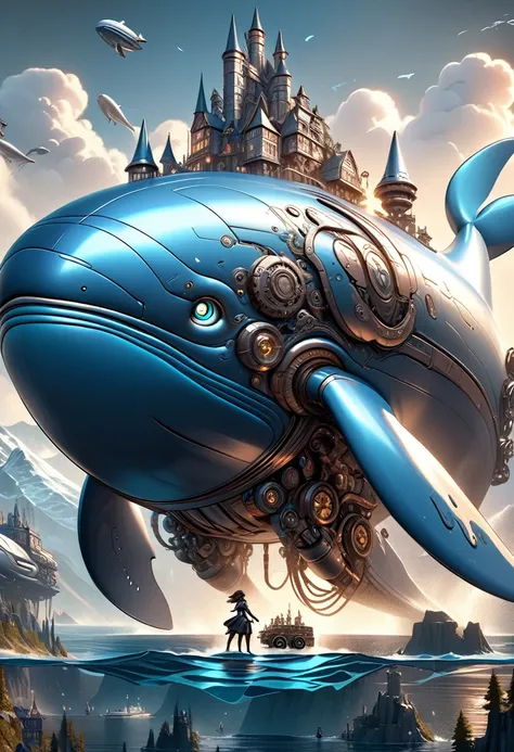 A girl riding a giant flying mechanical whale in a dieselpunk world, with beautiful detailed eyes, detailed lips, and long eyelashes. The girl is an android with a cute dieselpunk-style appearance, with aqua fluffy short hair and a metallic android body wi...