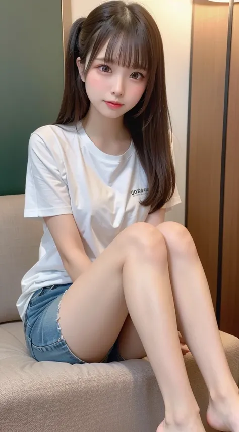 Very beautiful girl、Very beautiful and elegant face, Deep Valley), (She crosses her legs to show off her bare legs.、彼女は非常にLarge Breastsを持っています、、Oversized T-shirt.Denim hot pants:1.3), (Large Breasts.), Her hair is in a bun, (Beautiful Face:1.2), high quali...